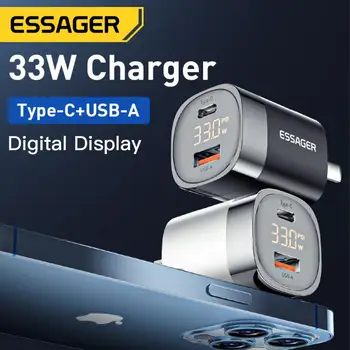 Зарядное устройство Essager 33W GaN USB C с цифровым дисплеем PD Быстрая зарядка для iPhone 13 12 Max Pro iPad для Xiaomi Poco Samsung Зарядное устройство