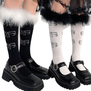 C6UD 1 пара носков до колена в стиле Милой Лолиты для женщин и девочек, японские студенческие чулки с бантом и принтом