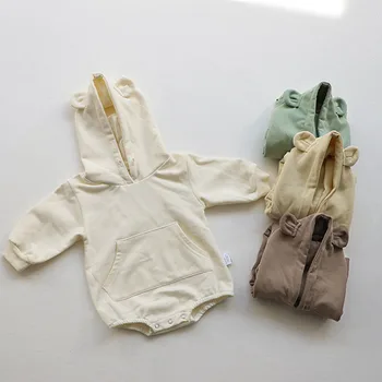 Весенне-осенняя одежда для маленьких мальчиков и девочек в Корейском стиле, Комбинезон Для Новорожденных Мальчиков и девочек, Хлопковые Боди с капюшоном и длинными рукавами