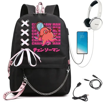 Человек-бензопила Рюкзак для старшеклассниц Женская дорожная сумка Аниме Комиксы Pochita USB Ранцы Человек-бензопила Холщовый рюкзак для ноутбука