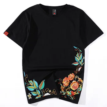 Свободная футболка с вышивкой в виде лепестков в китайском стиле для модной пары с коротким рукавом