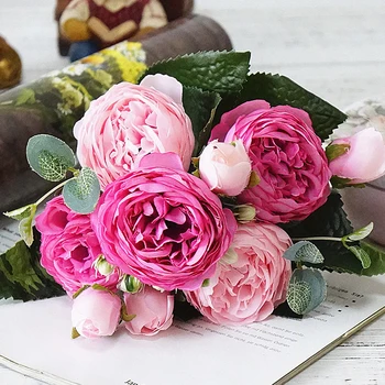 Роза, пион, искусственные шелковые цветы, подарок на День Святого Валентина, Небольшой букет, Флорес, украшение для домашней вечеринки, свадьбы, брак, искусственный цветок