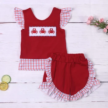 Одежда для малышей, комплект одежды для маленьких девочек, хлопковый костюм из 2 предметов от 1 до 8 лет, боди с вышивкой в виде краба, футболка с решетками, Наряды, Красные кружевные шорты