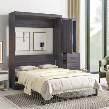 Полноразмерная кровать со шкафом и выдвижными ящиками, сосна, кровать для хранения, складная, экономящая место Кровать для гостевой комнаты, серая