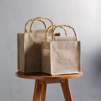 Женская соломенная сумка для вязания из хлопка и льна, переносная сумка для плетения изделий, Бамбуковая ручка из ротанга, Экологические сумки, Летняя сумка-тоут