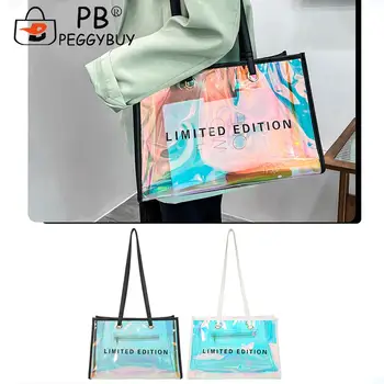 Женские дорожные сумки через плечо с буквами большой емкости, прозрачная сумка из лазерного ПВХ, женская повседневная прозрачная пляжная сумка для летнего отдыха
