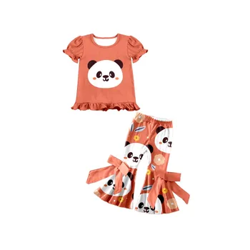 Летний бутик одежды для девочек с принтом милой мультяшной панды, оранжевый костюм, топ с эластичными манжетами и коротким рукавом, расклешенные брюки, комплект