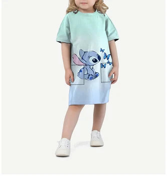2023 Летняя маленькая девочка Disney Stitch, топ с коротким рукавом и принтом, Свободное платье с карманами, Повседневная милая футболка для девочек, топ с круглым вырезом