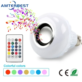 AMTERBEST E27 Smart RGB Bluetooth Динамик Светодиодная лампа с регулируемой яркостью Воспроизведение музыки Беспроводная светодиодная лампа с регулируемой яркостью с дистанционным управлением 24 клавишами