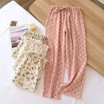Свежие цветочные сладкие пижамные штаны из 100% крепового хлопка, женские весенние домашние брюки, пижамные брюки, пижамные брюки