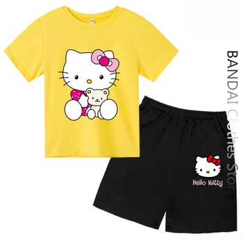 Комплект футболок Kawaii Hello Kitty С героями мультфильмов, Короткий рукав, Футболка в стиле Харадзюку Для мальчиков И девочек, Детская Футболка, Забавные Женские Топы, Детская Одежда