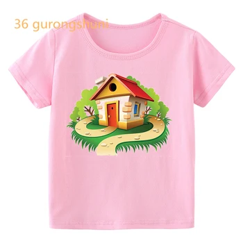 футболка для мальчиков, топы для девочек, розовая футболка с изображением старого дома и грибов с рисунком для девочек, одежда для мальчиков, детская одежда для девочек от 8 до 12