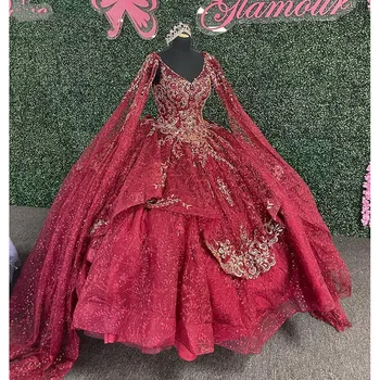 Бордовое Пышное платье с рукавом-накидкой Sweet 16 vestidos para 15 quinceanera vestidos de xv años 2022 estidos para 15