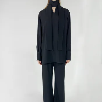 Элегантная свободная черная женская рубашка с длинными рукавами на шнуровке с уксусной кислотой, классическая черная рубашка