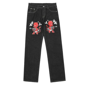 Популярные джинсы с принтом Cartoon Demon Ins High Street, осенне-зимние Мужские Новые Свободные Прямые повседневные брюки в стиле хип-хоп 2022 г.