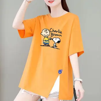 Летняя хлопковая футболка Snoopy 2023 с коротким рукавом для девочек, Новый топ с разрезом, модный топ с круглым вырезом.