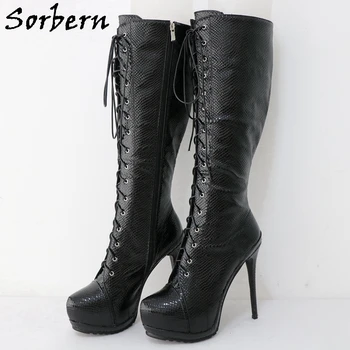 Sorbern/ Черные блестящие сапоги до колена, женские туфли на высоком каблуке-шпильке, невидимая обувь на платформе, на шнуровке спереди, широкая или облегающая ногу на заказ
