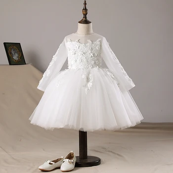 Платье принцессы из тюля с цветочным рисунком для девочек, праздничное свадебное платье с длинным рукавом и бусинами, вечерний костюм для Первого причастия для девочек-цветочниц