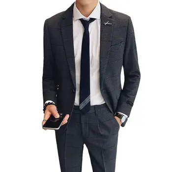 2021 (Куртка + брюки) Новые мужские деловые повседневные костюмы в клетку, 2 комплекта маленьких костюмов из высококачественной ткани, мужские костюмы на одной пуговице