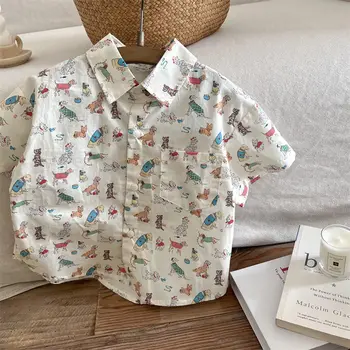Детская одежда Лето 2023, Модная Повседневная Корейская версия, Трендовая рубашка с лацканами и карманами, Трендовая рубашка
