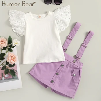 Комплекты одежды для девочек Humor Bear Лето 2023, Однотонный топ с круглым вырезом и рукавом-мушкой, Съемный нагрудник, Шорты, 2 шт.