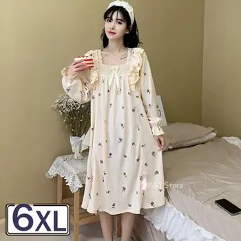 Женские хлопчатобумажные ночные рубашки, пижамы большого размера, свободное домашнее платье, весенняя женская ночная рубашка с длинными рукавами 6XL, платье для сна, ночная рубашка