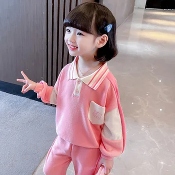Корейский комплект одежды для маленьких девочек от 1 до 8 лет, утепленная толстовка с цветочным рисунком, повседневные штаны для девочек, костюмы из 2 предметов, спортивный костюм, комплекты детской одежды