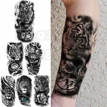Временные татуировки с часами Тигра на предплечье для мужчин, реалистичные поддельные татуировки с изображением покера Льва, Сглаза, Водонепроницаемая наклейка с татуировкой боди-арта