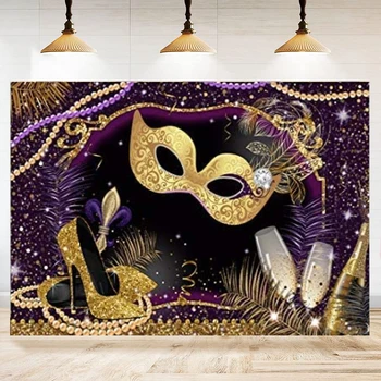 Фон для маскарадной фотосъемки Фиолетовая маска Блестящие Бокалы для шампанского на высоком каблуке Волшебная палочка Украшение вечеринки по случаю Дня рождения