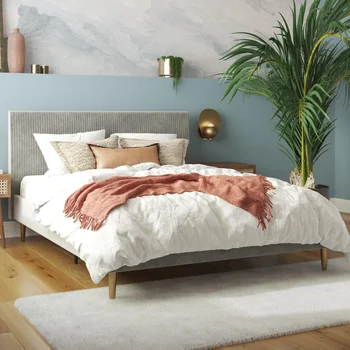 Кровать с мягкой обивкой Mr. Kate Daphne с изголовьем и современной рамой-платформой, светло-серый бархат